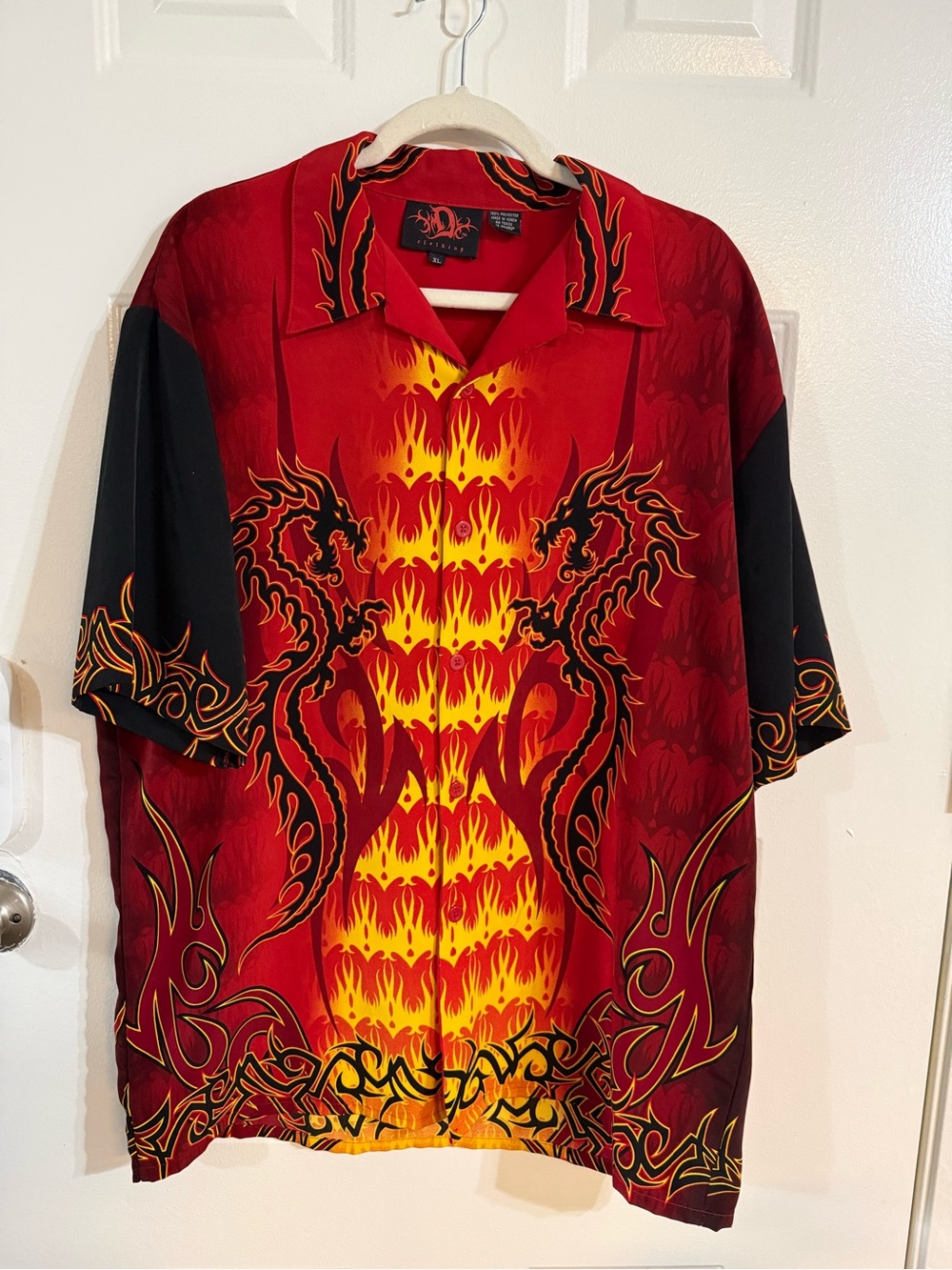 Dragonfly Clothing Y2K Dragon Flame Shirt Mens XL Red Black Tribal Button Up